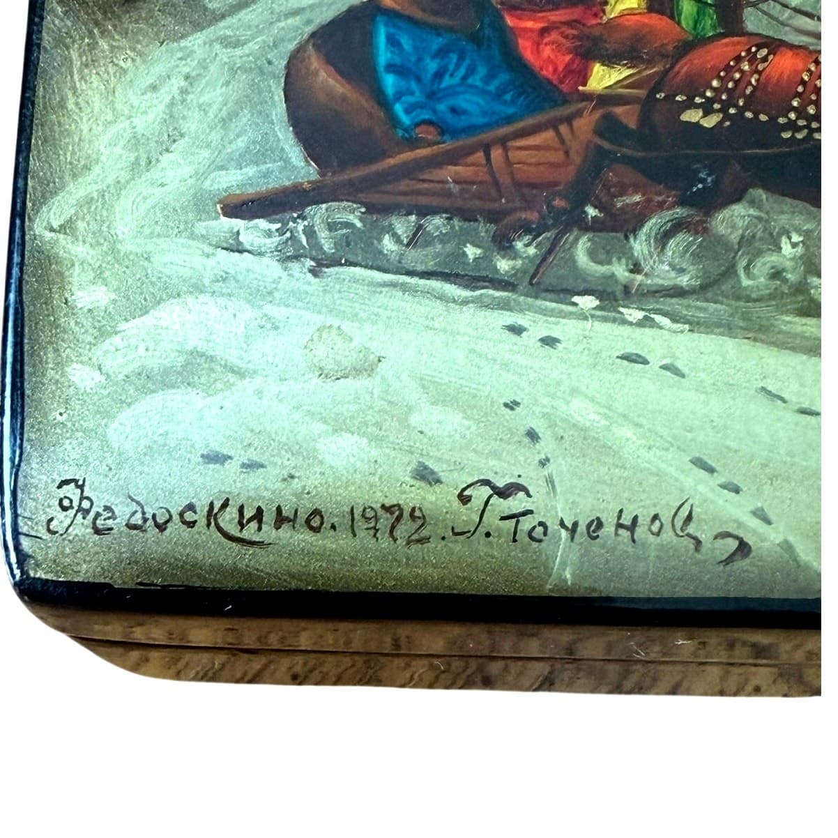 1972 Fedoskino Russian Lacquer Box Troika Sleigh Signed G Tochenov USSR - Thumbnail 2
