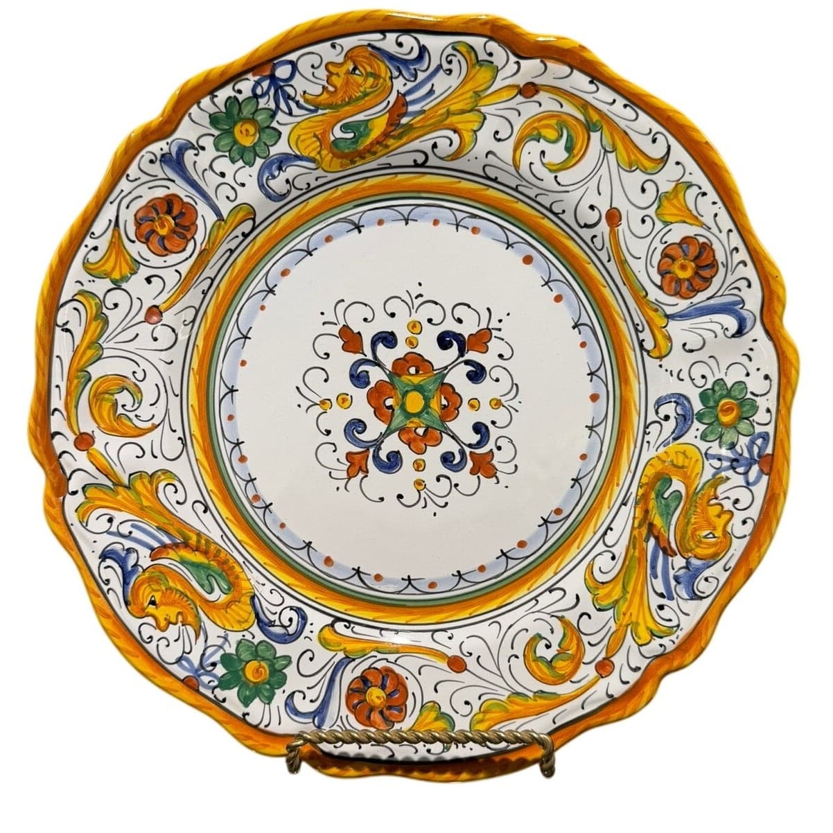 Pair Maioliche Deruta Italy Hand Painted Raffaellesco Majolica 10" Dragon Plates - Thumbnail 2