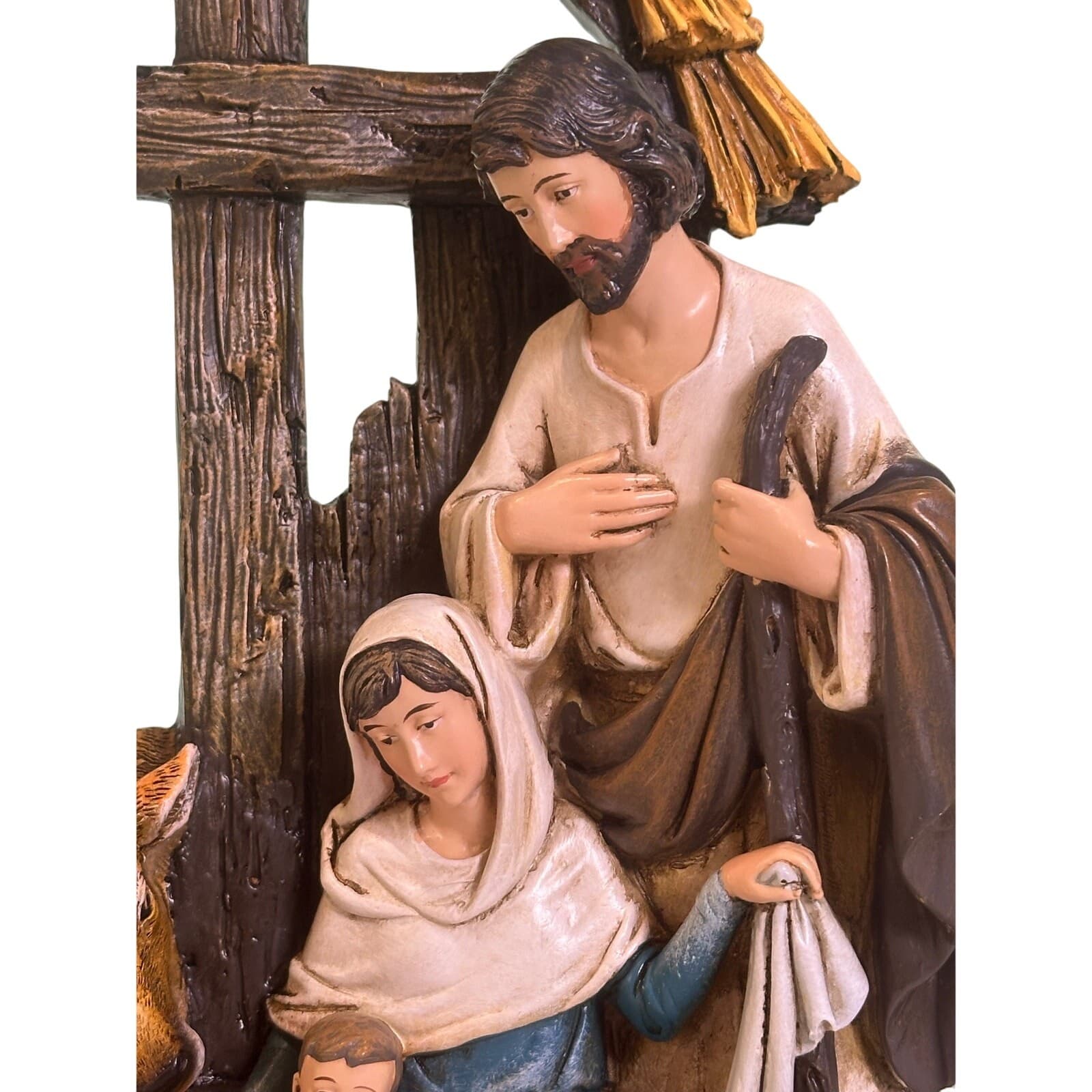 Rustic 11" Holy Family Christmas Nativity Cross Stable Manger Animals Figurine - Thumbnail 2