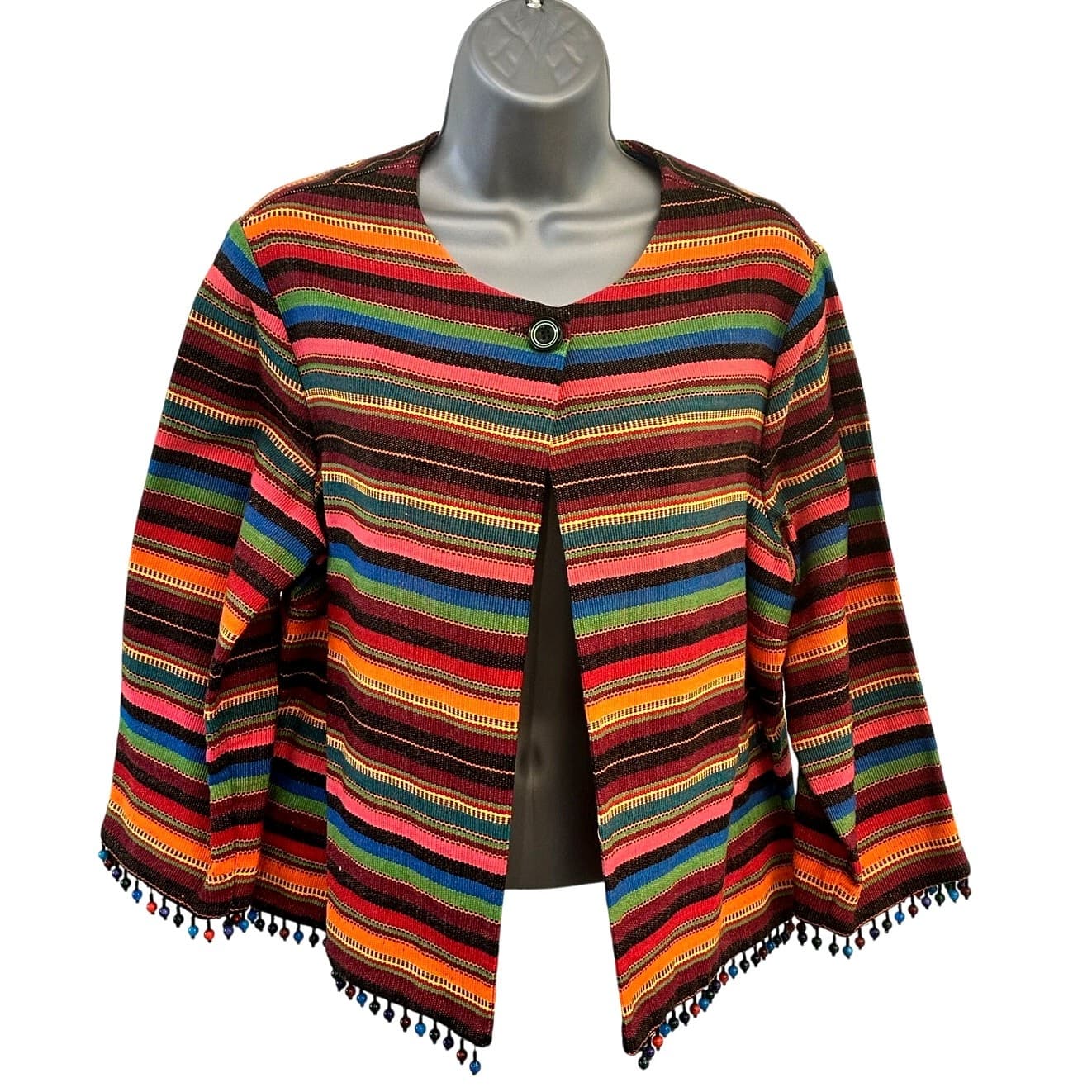 Sharon Young Multicolor Stripe & Beaded Fringe Cropped Jacket Size 10 Excellent
