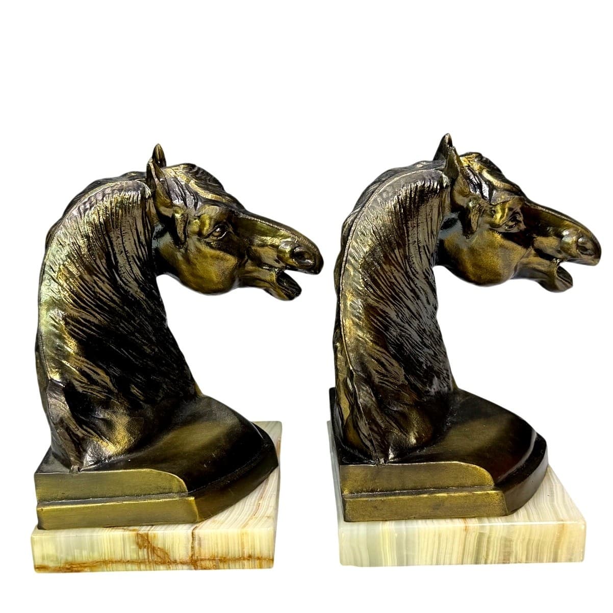 Rare Vintage Horse Head Bookends Bronze Finish Marble Bases Equestrian Decor - Thumbnail 3