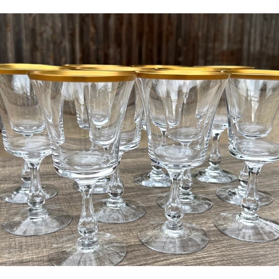 Fostoria Retired 1961-1982 'Richmond' Gold Rim 6.75" Water Goblets-Set of 11
