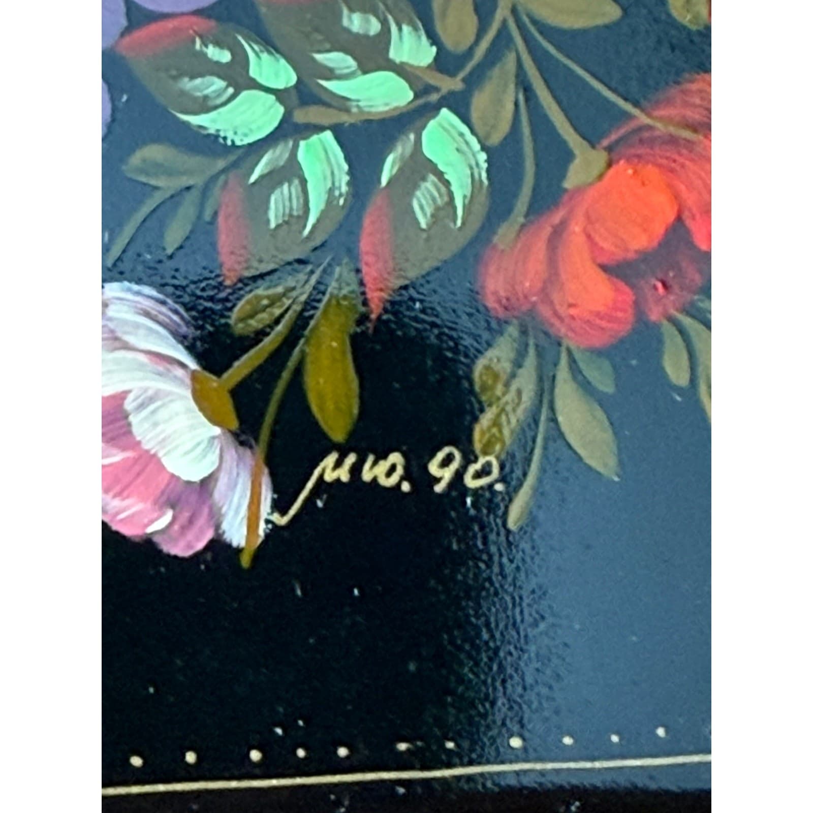 Vintage Russian Mstera Hand Painted Floral Lacquer Box Signed 1990 w Box - Thumbnail 3