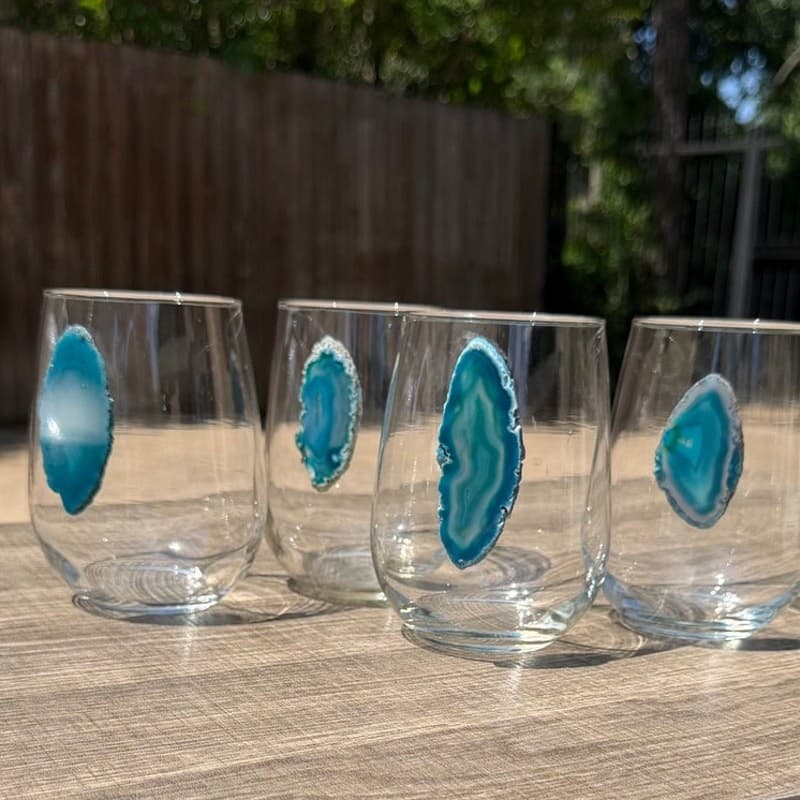 Set of 4 Agate Slice Stemless Drinking Glasses Blue Teal Geode Tumbler Cups 4.5” - Thumbnail 9