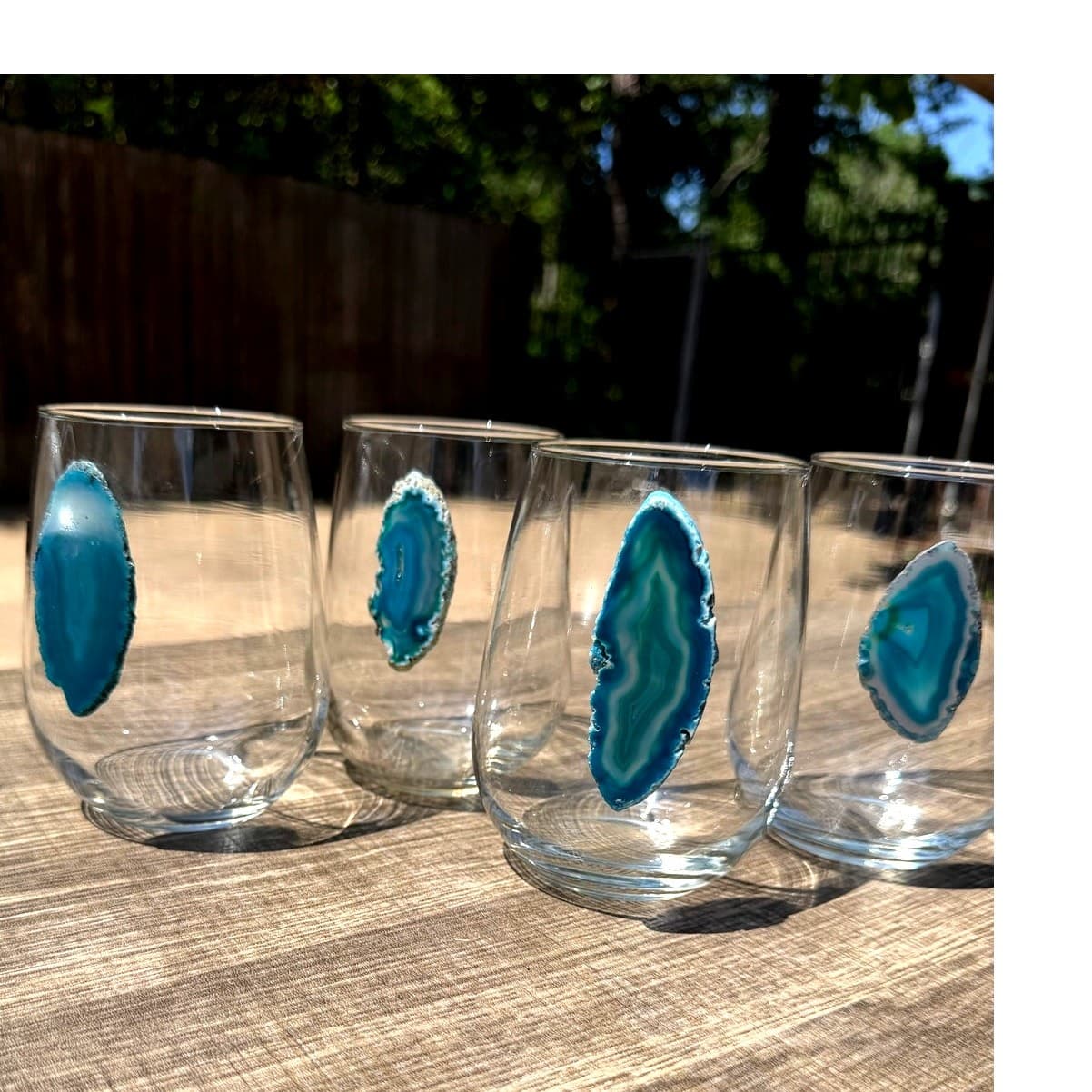 Set of 4 Agate Slice Stemless Drinking Glasses Blue Teal Geode Tumbler Cups 4.5” - Thumbnail 4