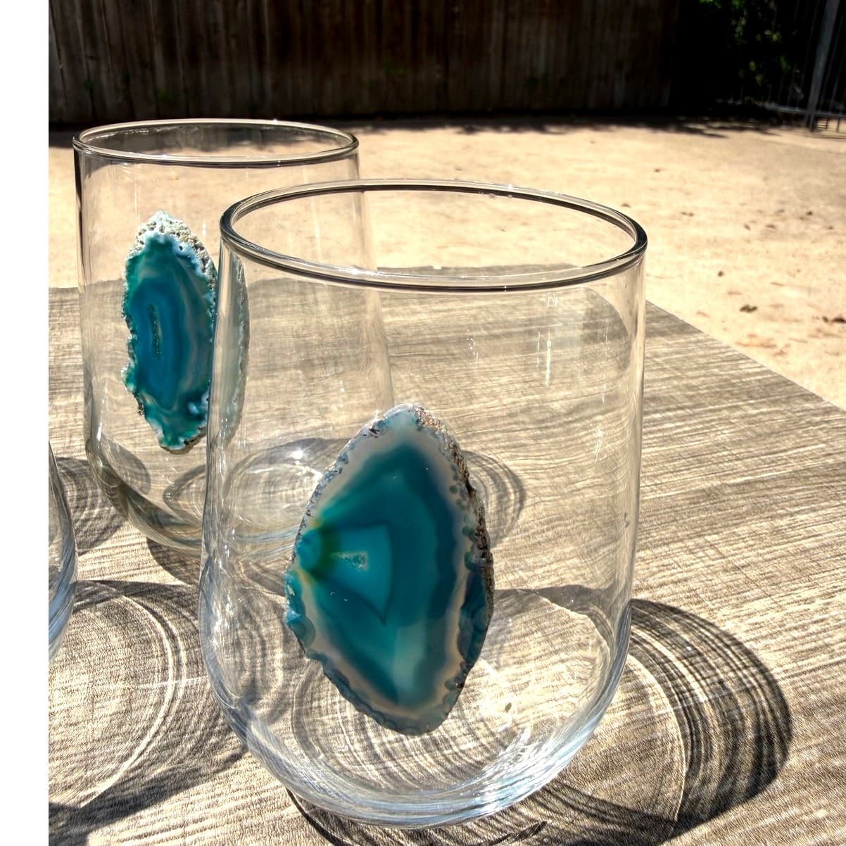 Set of 4 Agate Slice Stemless Drinking Glasses Blue Teal Geode Tumbler Cups 4.5” - Thumbnail 3