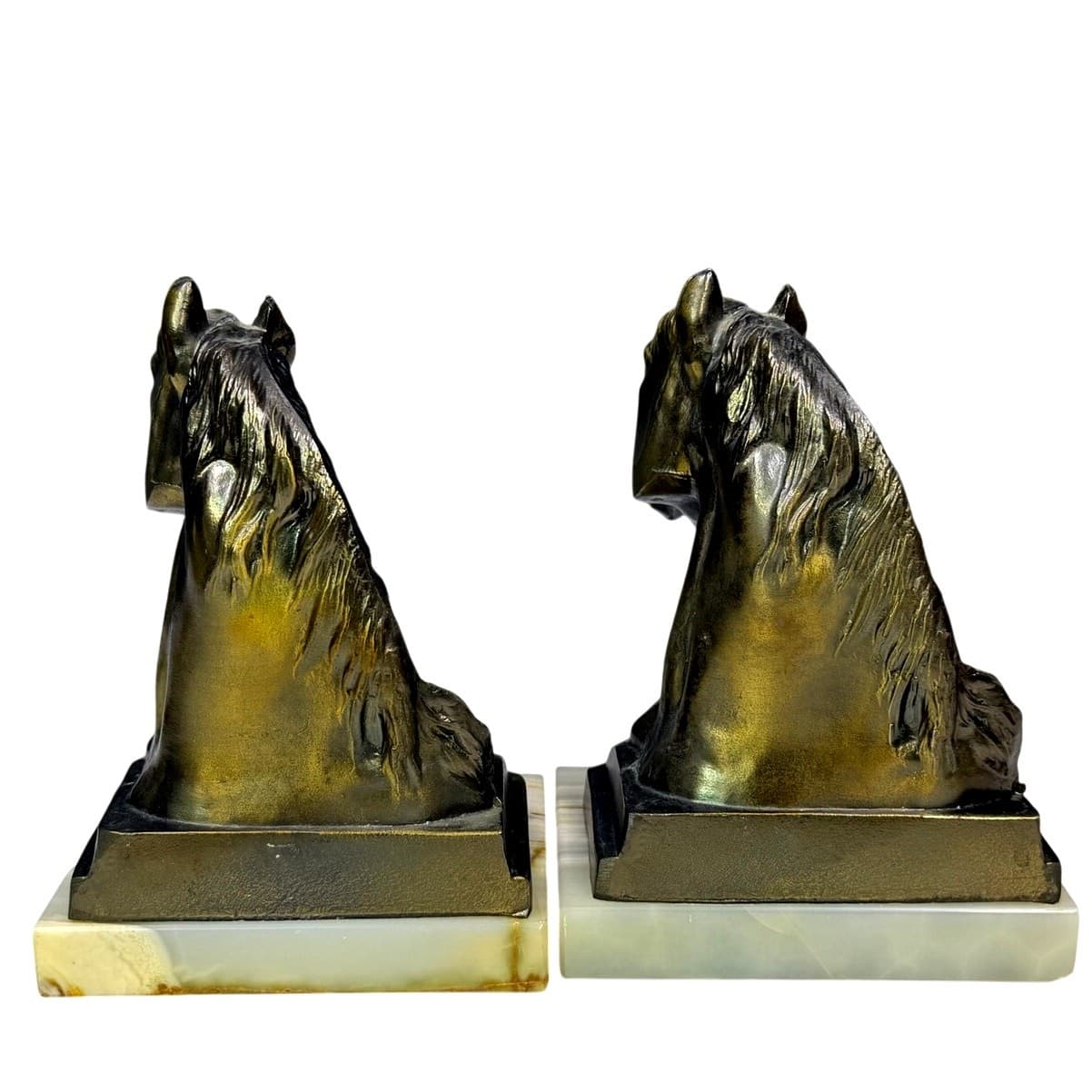 Rare Vintage Horse Head Bookends Bronze Finish Marble Bases Equestrian Decor - Thumbnail 4