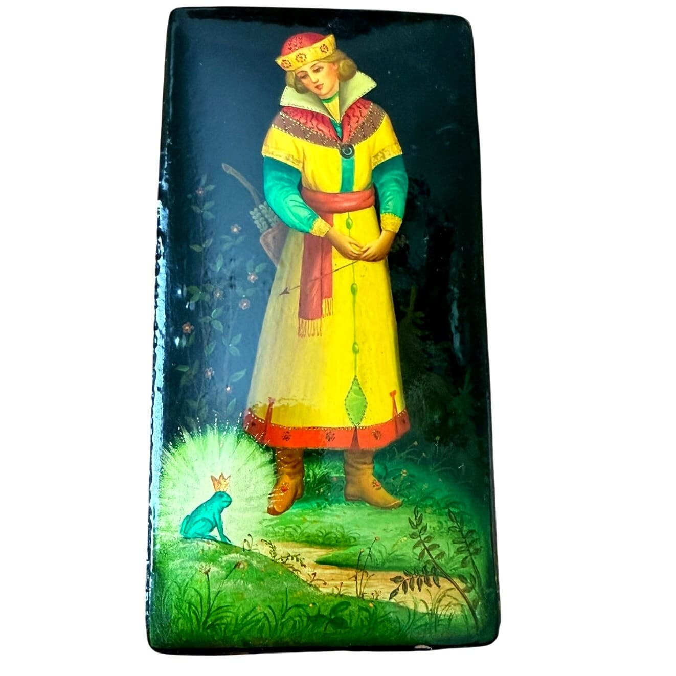 Vintage Fedoskino Russian Lacquer Box Frog Princess Beriozka Box Papers 6.5" - Thumbnail 6