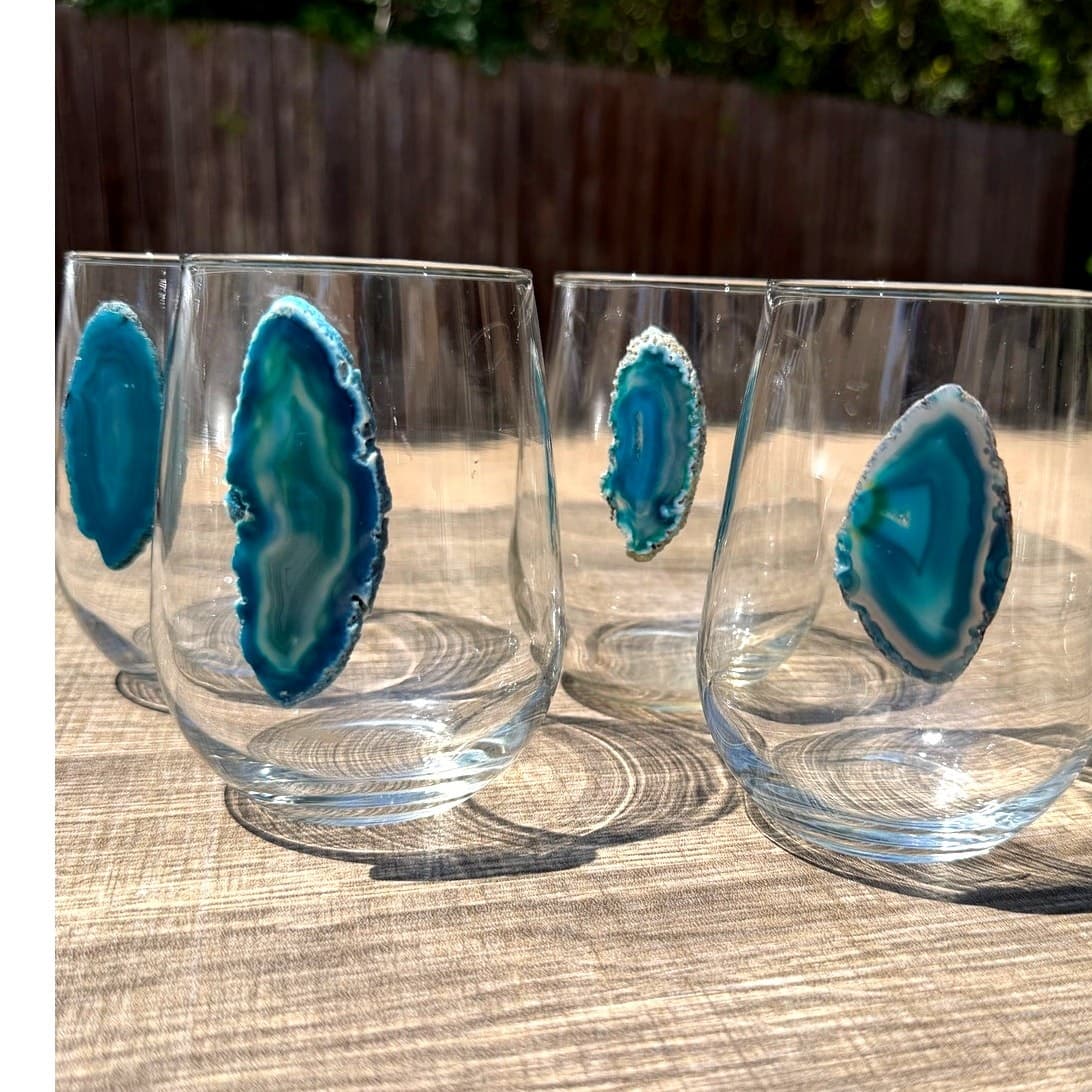 Set of 4 Agate Slice Stemless Drinking Glasses Blue Teal Geode Tumbler Cups 4.5” - Thumbnail 6