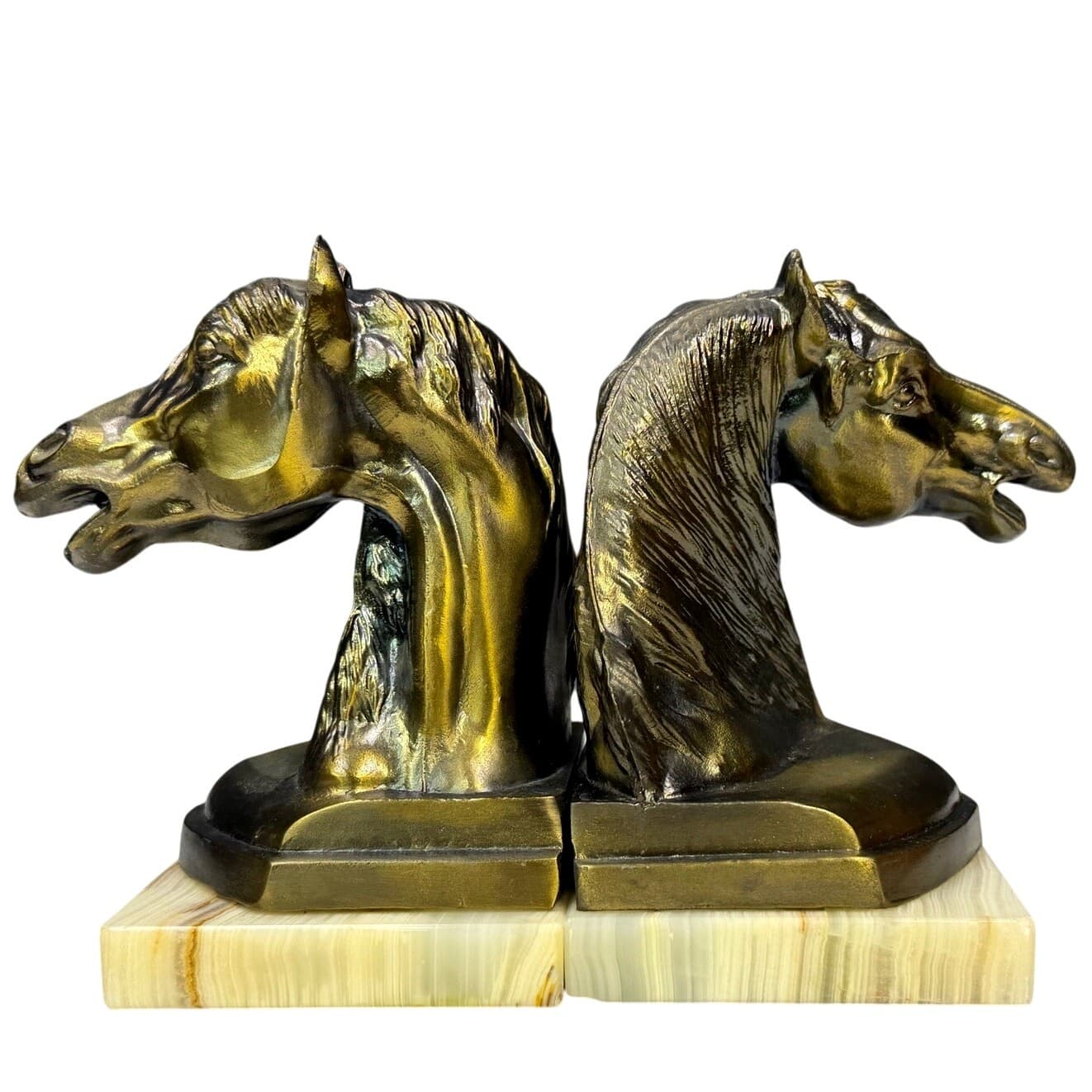 Rare Vintage Horse Head Bookends Bronze Finish Marble Bases Equestrian Decor