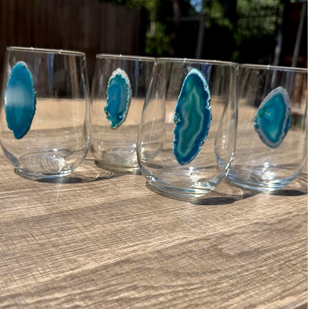 Set of 4 Agate Slice Stemless Drinking Glasses Blue Teal Geode Tumbler Cups 4.5” - Thumbnail 10