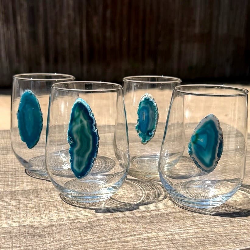 Set of 4 Agate Slice Stemless Drinking Glasses Blue Teal Geode Tumbler Cups 4.5”