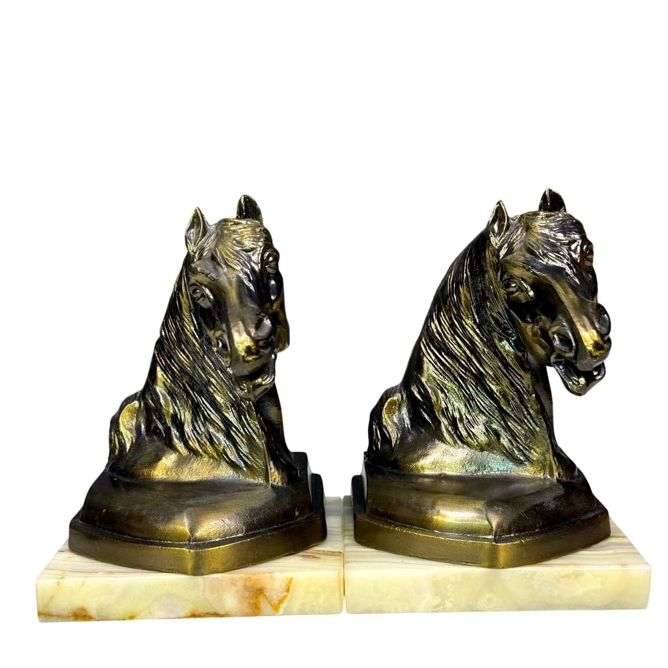 Rare Vintage Horse Head Bookends Bronze Finish Marble Bases Equestrian Decor - Thumbnail 2