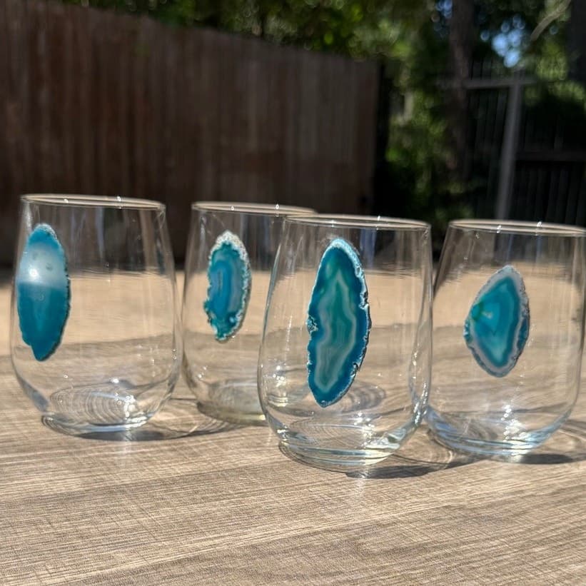 Set of 4 Agate Slice Stemless Drinking Glasses Blue Teal Geode Tumbler Cups 4.5” - Thumbnail 8