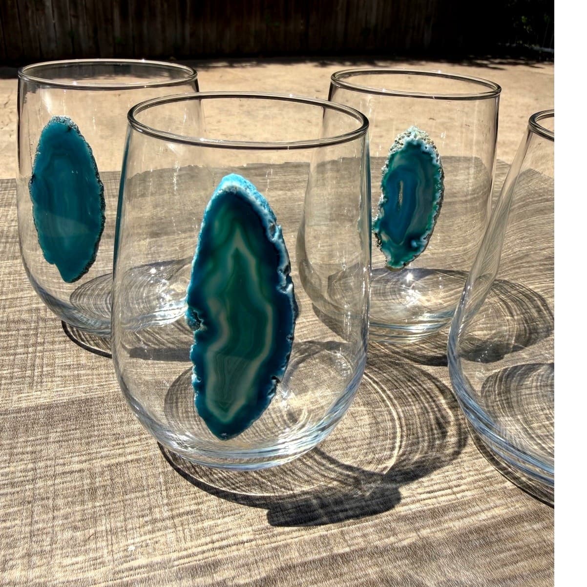 Set of 4 Agate Slice Stemless Drinking Glasses Blue Teal Geode Tumbler Cups 4.5” - Thumbnail 2
