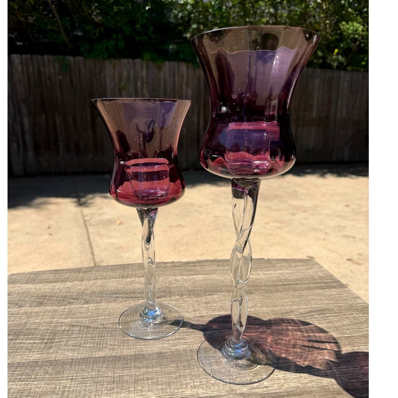 Amethyst Glass Hurricane Vintage Candle Holders Clear Twisted Stem Votive-Pair