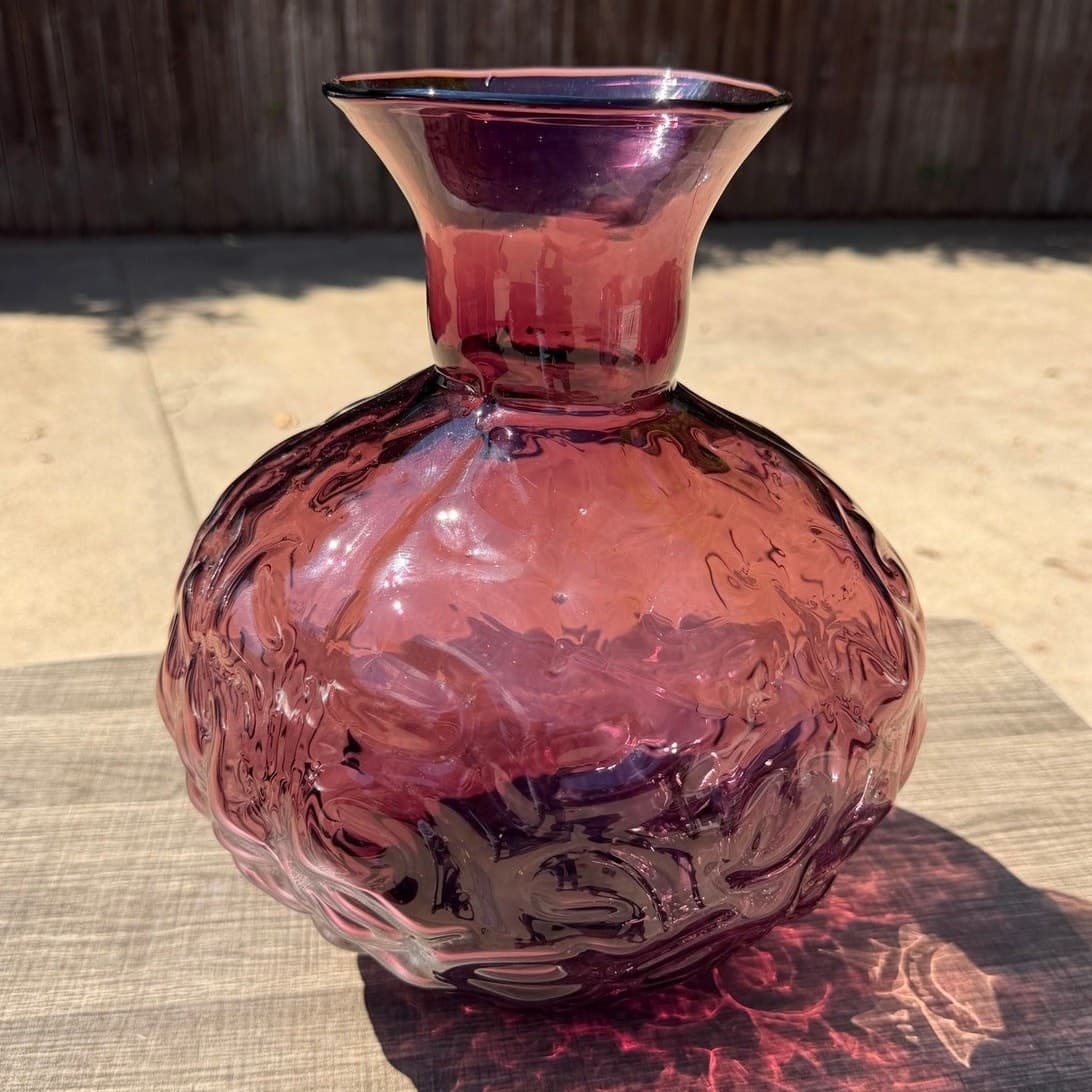 Vintage 13"Handblown Amethyst Art Glass Vase Murano Style Plum Swirl Centerpiece - Thumbnail 5