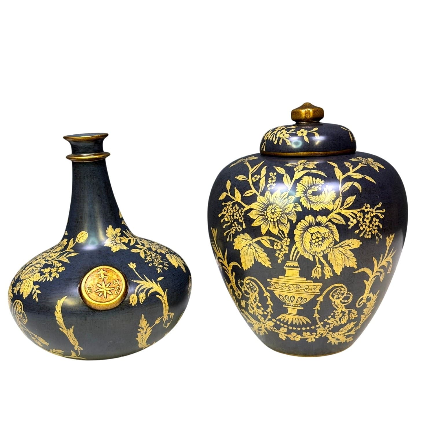 Bringier McConnell Toyo Black Vase/Ginger Jar Set Hollywood Regency Chinoiserie
