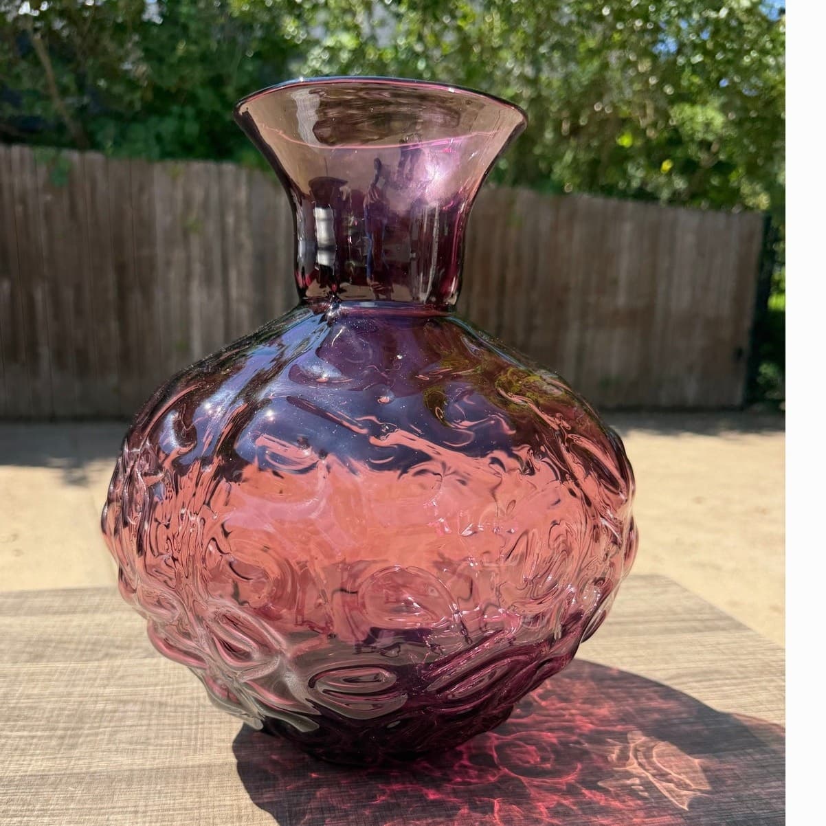 Vintage 13"Handblown Amethyst Art Glass Vase Murano Style Plum Swirl Centerpiece - Thumbnail 3