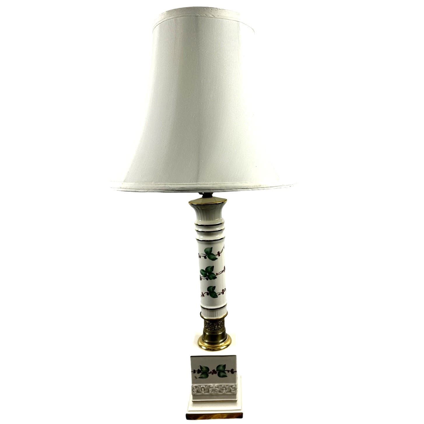 Ceramic Signed Brass Filigree Lamp Features Berries Leaves Shade 30" Vintage!
