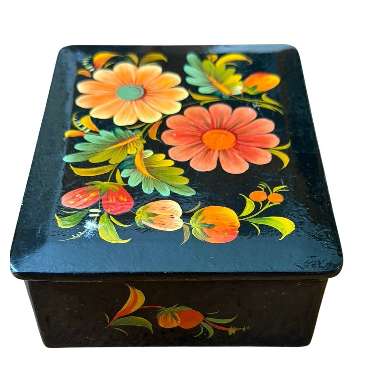 Vintage USSR Russian Hand Painted Black Lacquer Floral Jewelry Trinket Box 6.25"