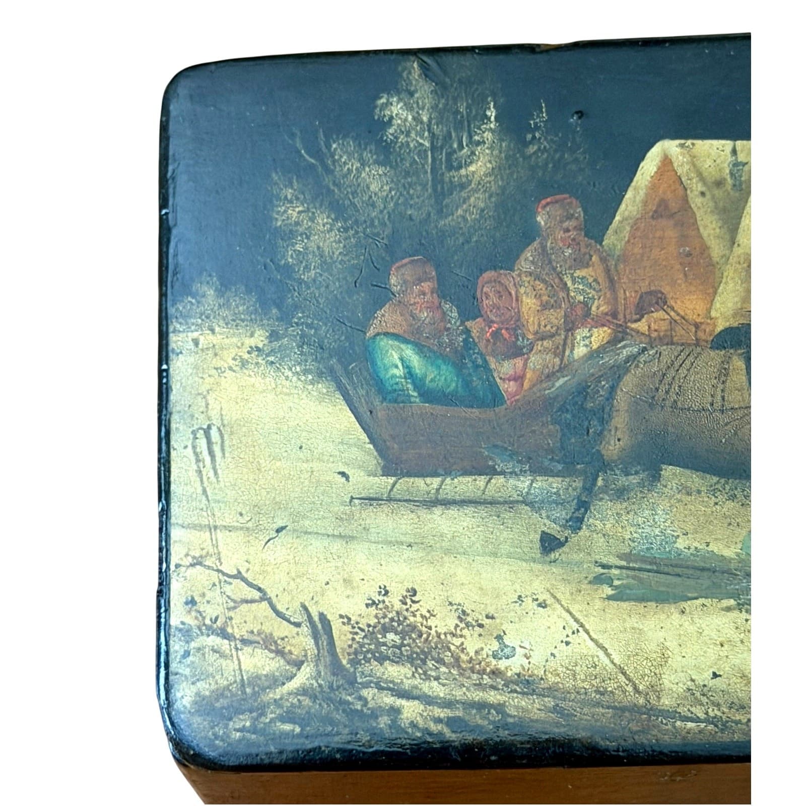 Antique Imperial Russian Hand Painted Papier Mache Lacquer Troika Box c1900 - Thumbnail 4
