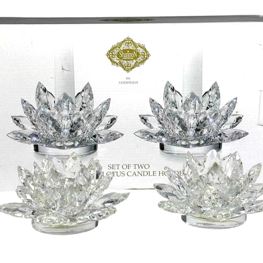 Shannon Crystal by Godinger Lotus Flower Crystal Candle Holders 15576-Set of 2
