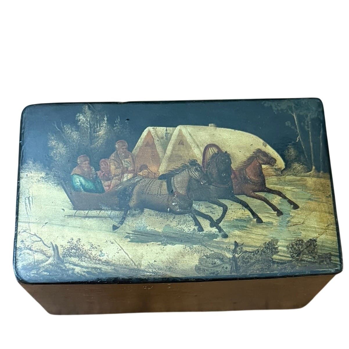 Antique Imperial Russian Hand Painted Papier Mache Lacquer Troika Box c1900