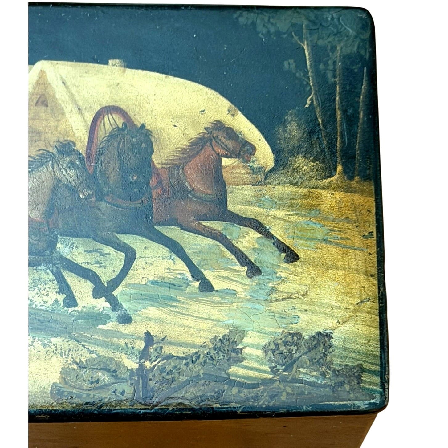 Antique Imperial Russian Hand Painted Papier Mache Lacquer Troika Box c1900 - Thumbnail 5