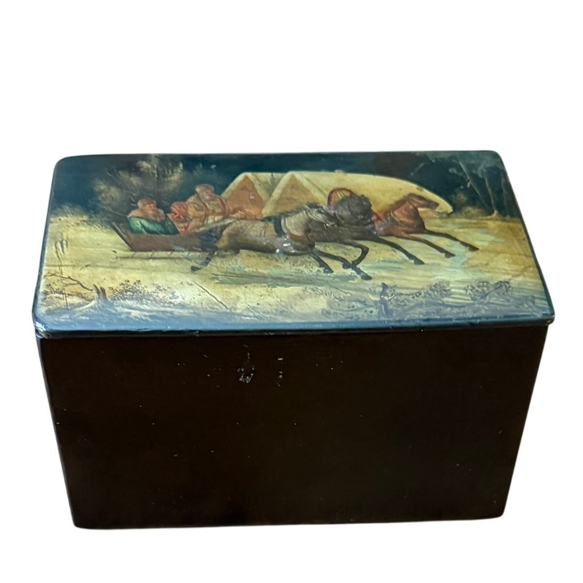 Antique Imperial Russian Hand Painted Papier Mache Lacquer Troika Box c1900 - Thumbnail 3