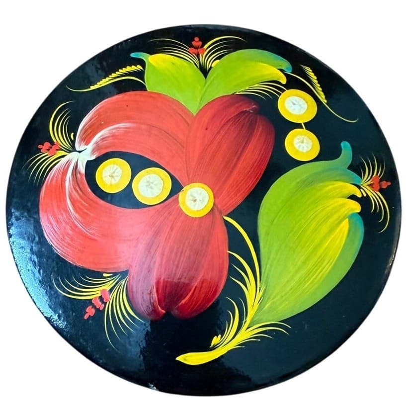 Vintage Ukrainian Petrykivka Hand Painted Round Lacquer Wood Trinket Box USSR - Thumbnail 3