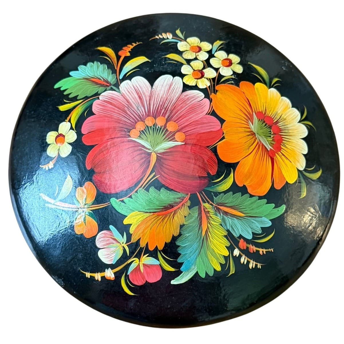 Vintage Ukrainian Petrykivka Hand Painted Wooden Jewelry Trinket Box Signed - Thumbnail 6