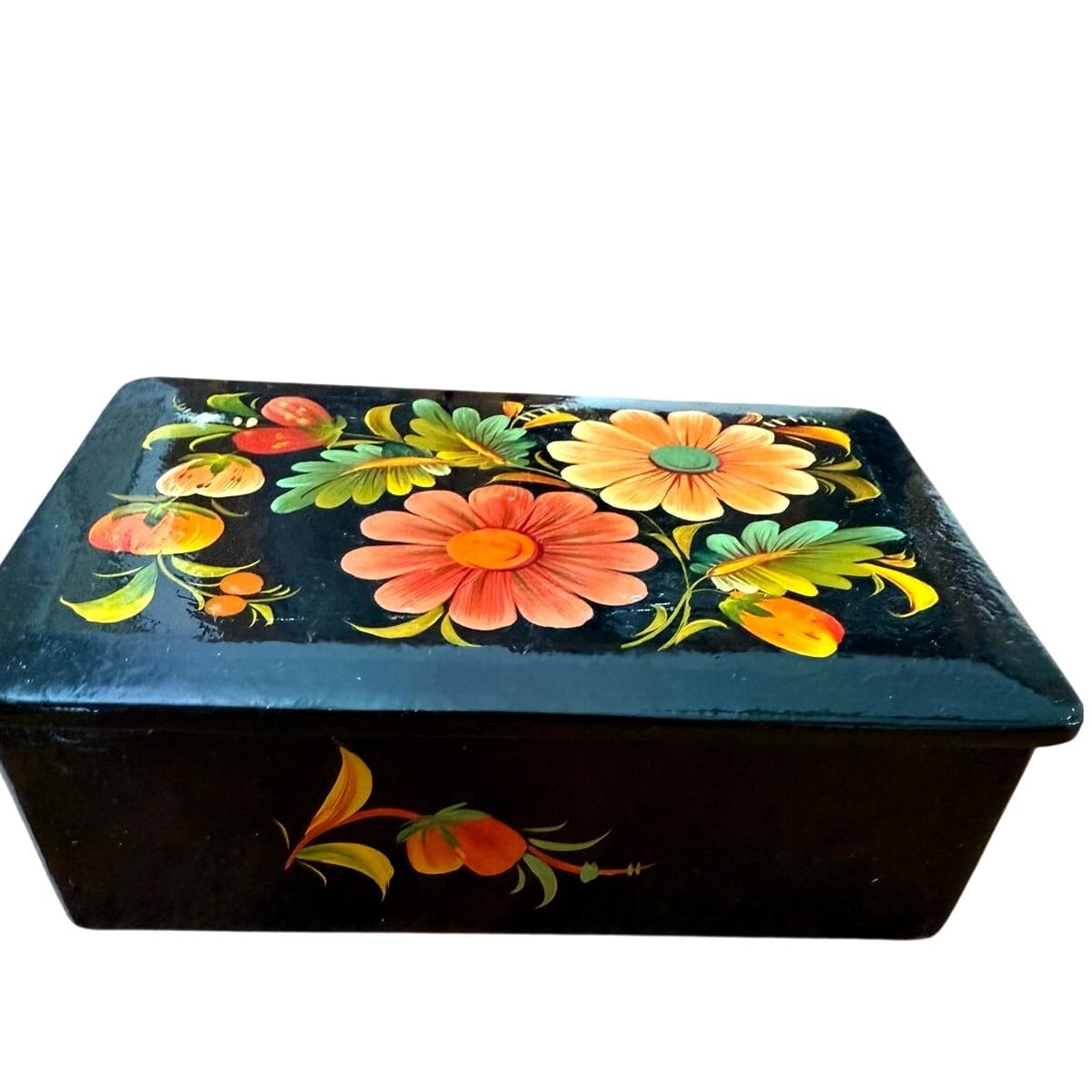 Vintage USSR Russian Hand Painted Black Lacquer Floral Jewelry Trinket Box 6.25" - Thumbnail 6
