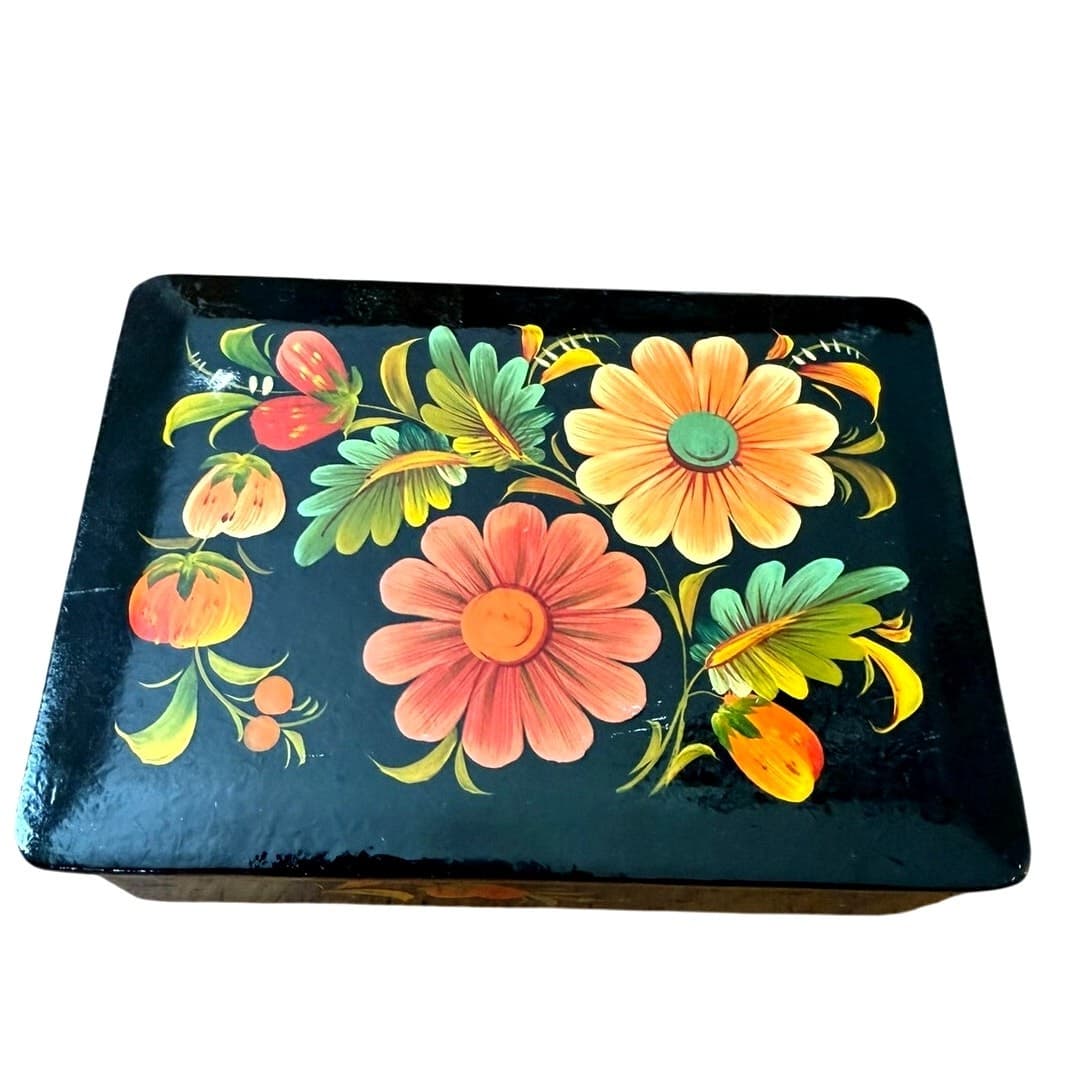 Vintage USSR Russian Hand Painted Black Lacquer Floral Jewelry Trinket Box 6.25" - Thumbnail 4