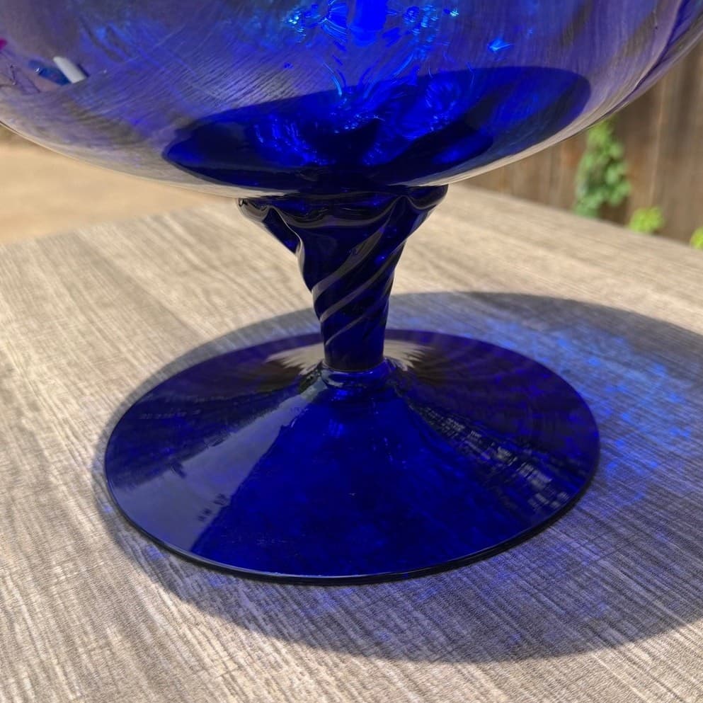 Large Cobalt Blue Hand Blown Art Glass Brandy Snifter Vase 15” Tall Decorative - Thumbnail 2