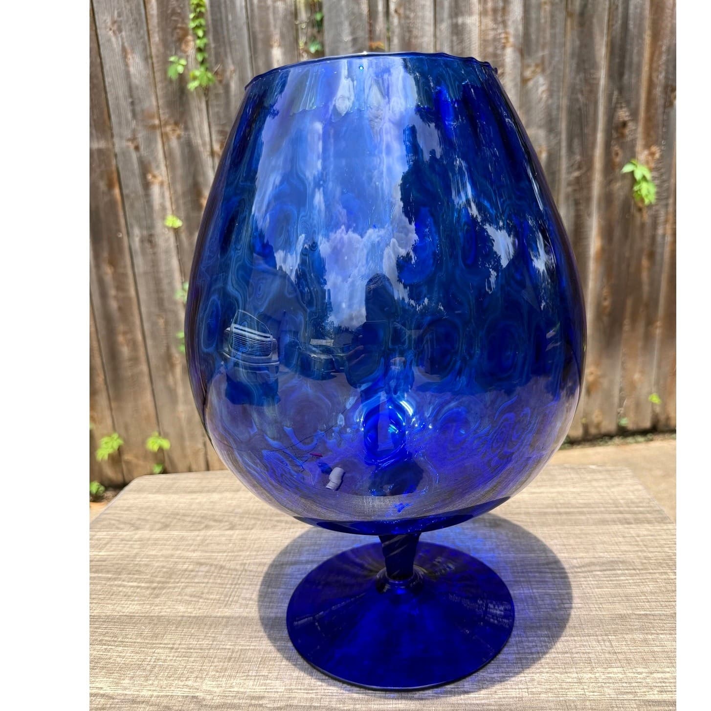 Large Cobalt Blue Hand Blown Art Glass Brandy Snifter Vase 15” Tall Decorative - Thumbnail 3