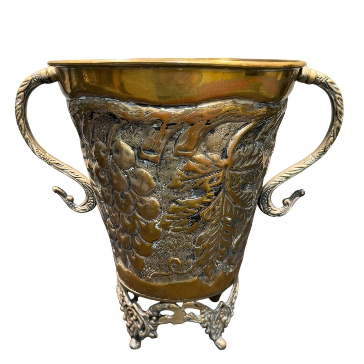 Vintage Brass Grape Vine Jardiniere Cachepot Footed Planter Urn 10.5" Handles - Thumbnail 3