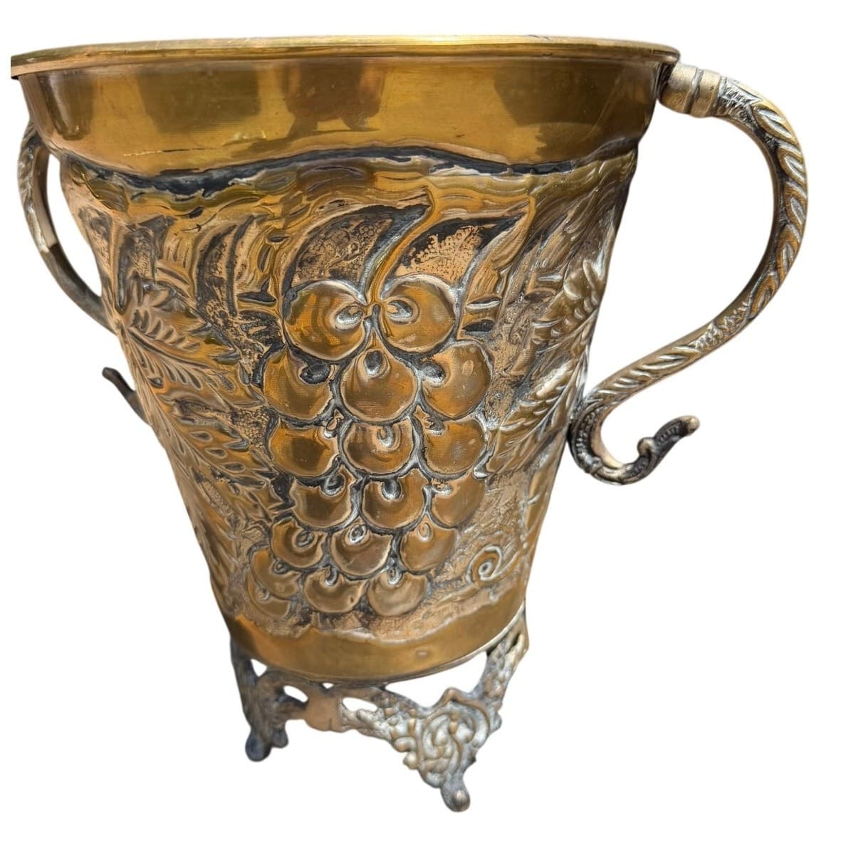 Vintage Brass Grape Vine Jardiniere Cachepot Footed Planter Urn 10.5" Handles - Thumbnail 5