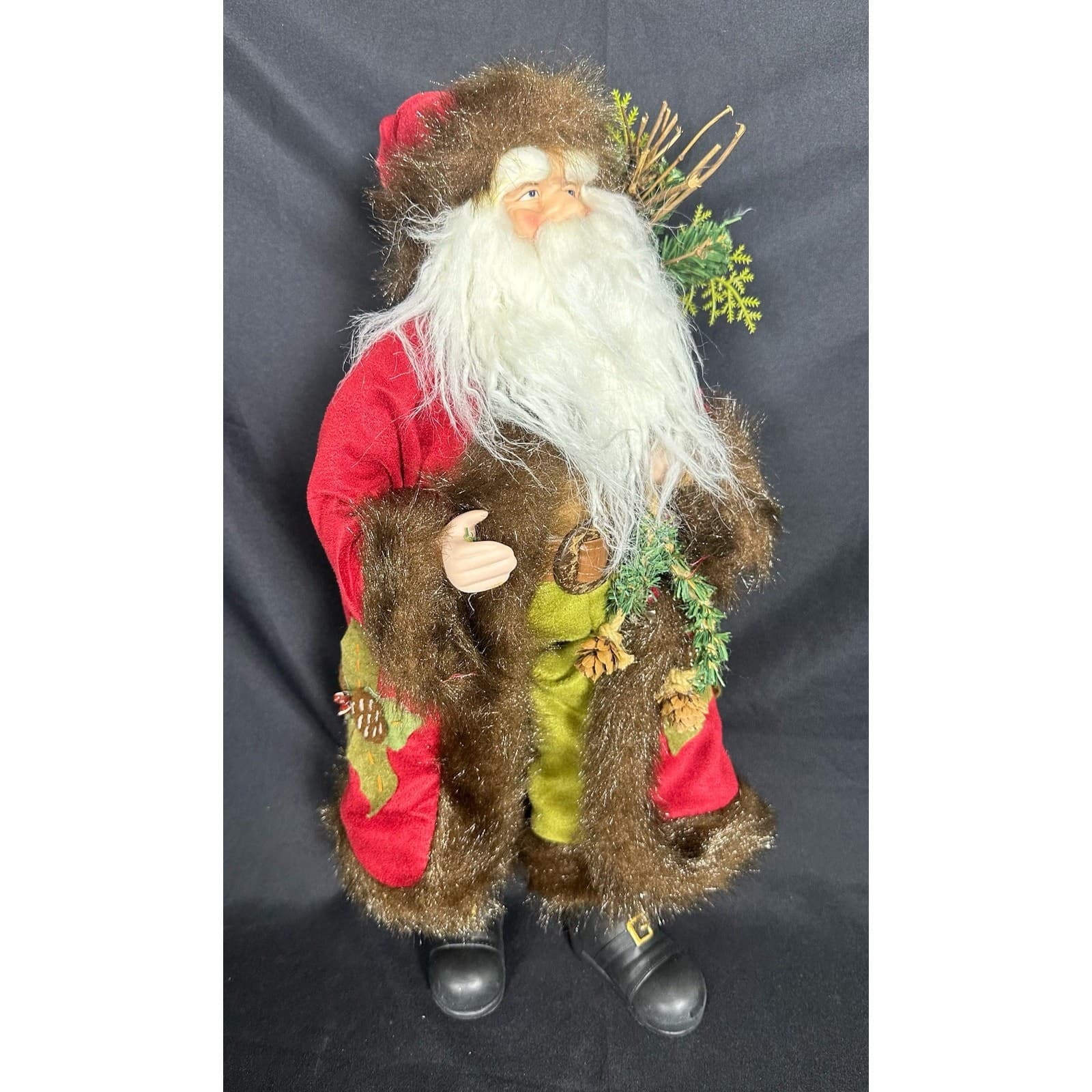 Santa Figure with Faux Fur Trimmed Coat & Sack Evergreen Pinecones 18"