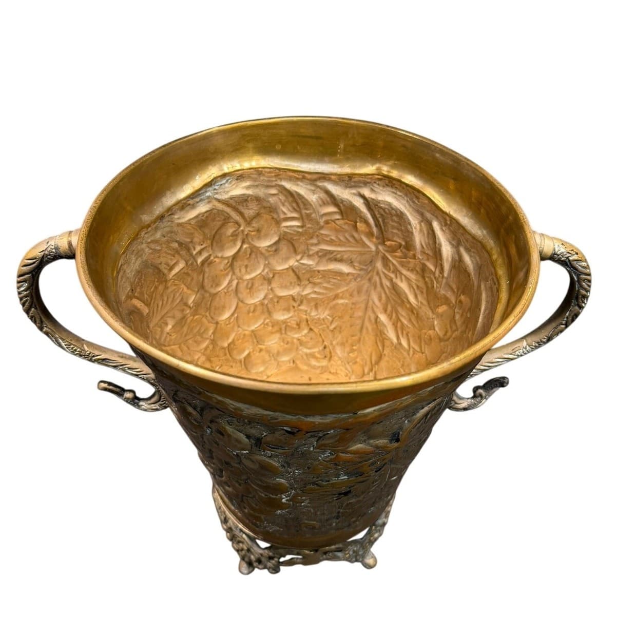 Vintage Brass Grape Vine Jardiniere Cachepot Footed Planter Urn 10.5" Handles - Thumbnail 2