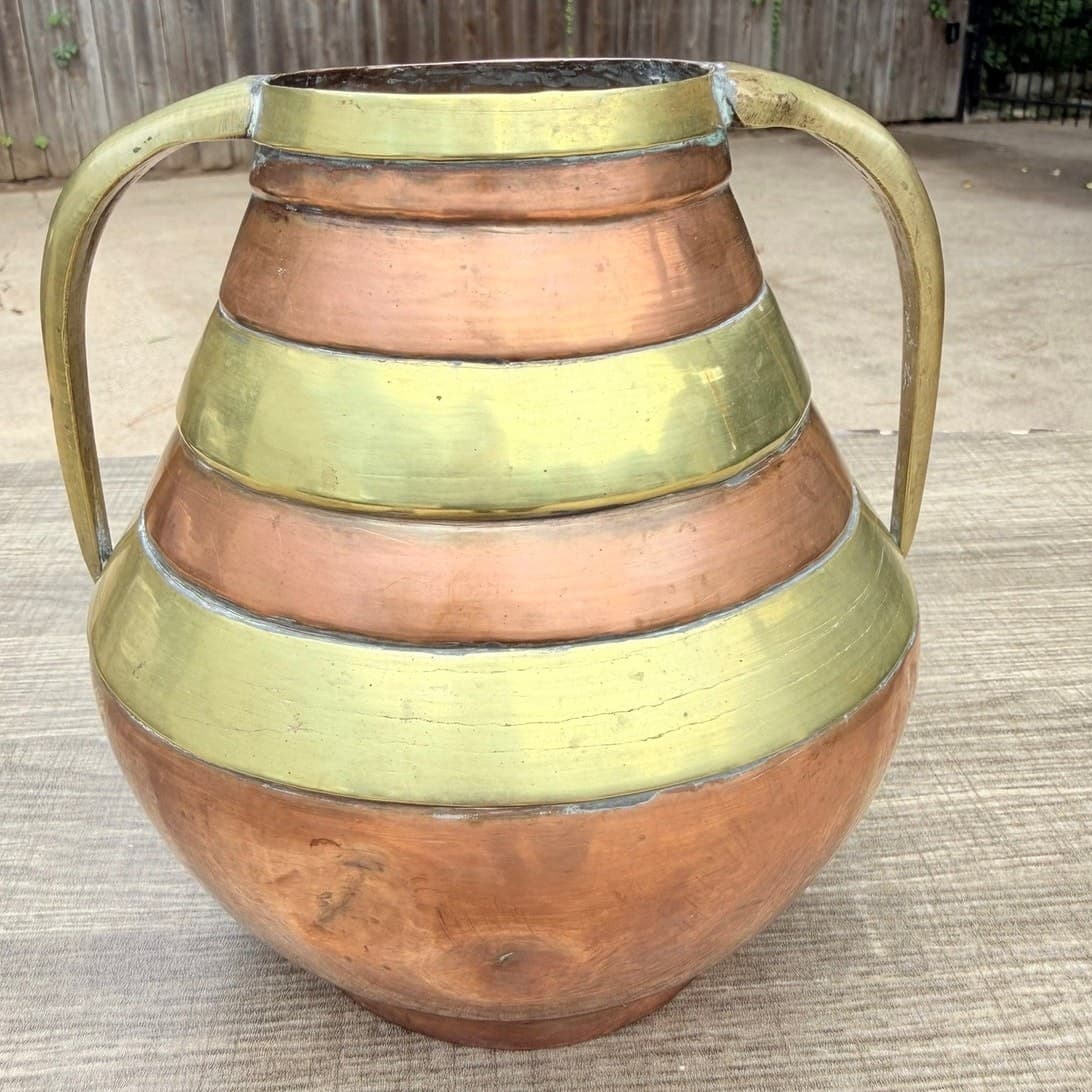 Vintage Hand Hammered Copper Brass Two Handle Vase Jardiniere 7" Made in China - Thumbnail 6