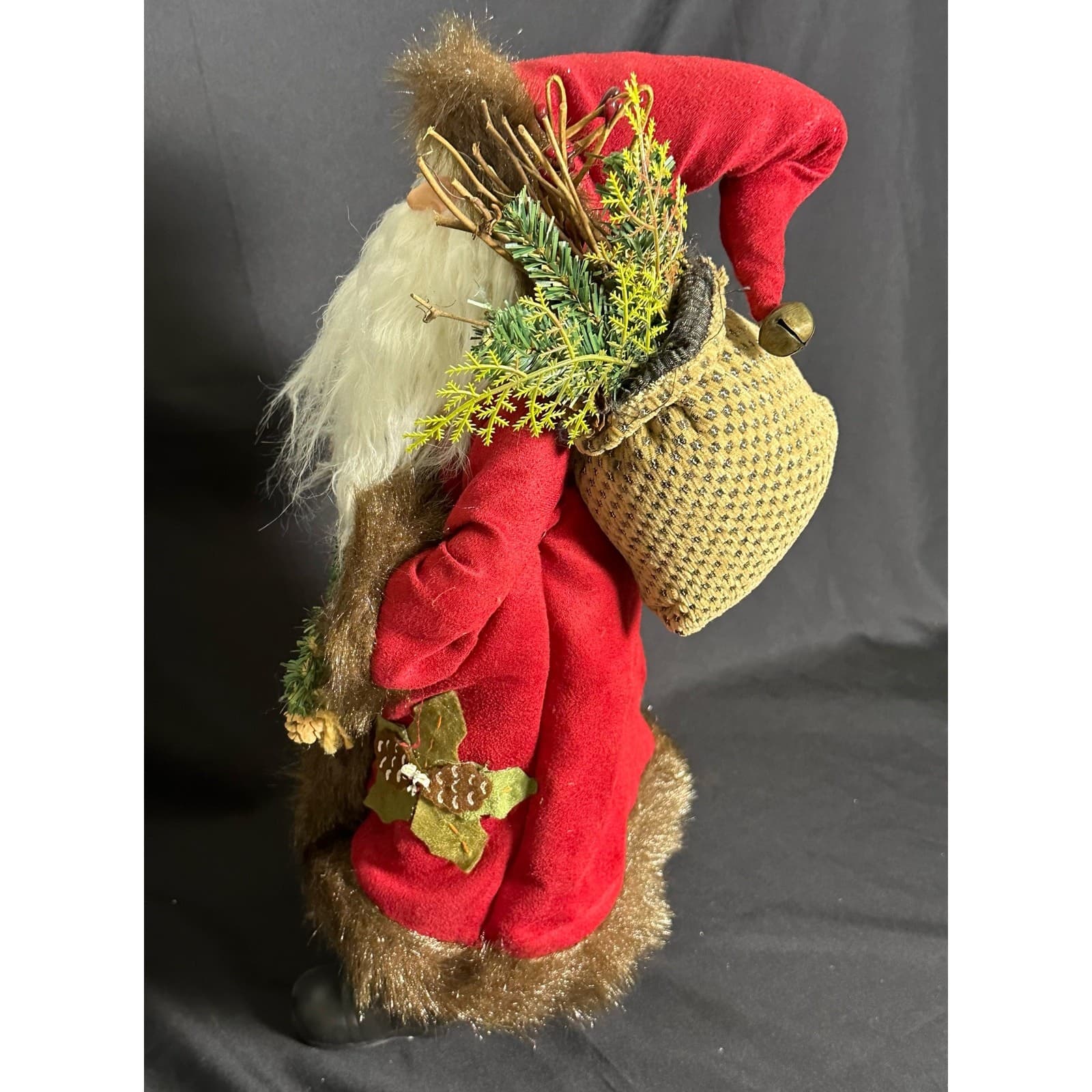 Santa Figure with Faux Fur Trimmed Coat & Sack Evergreen Pinecones 18" - Thumbnail 7