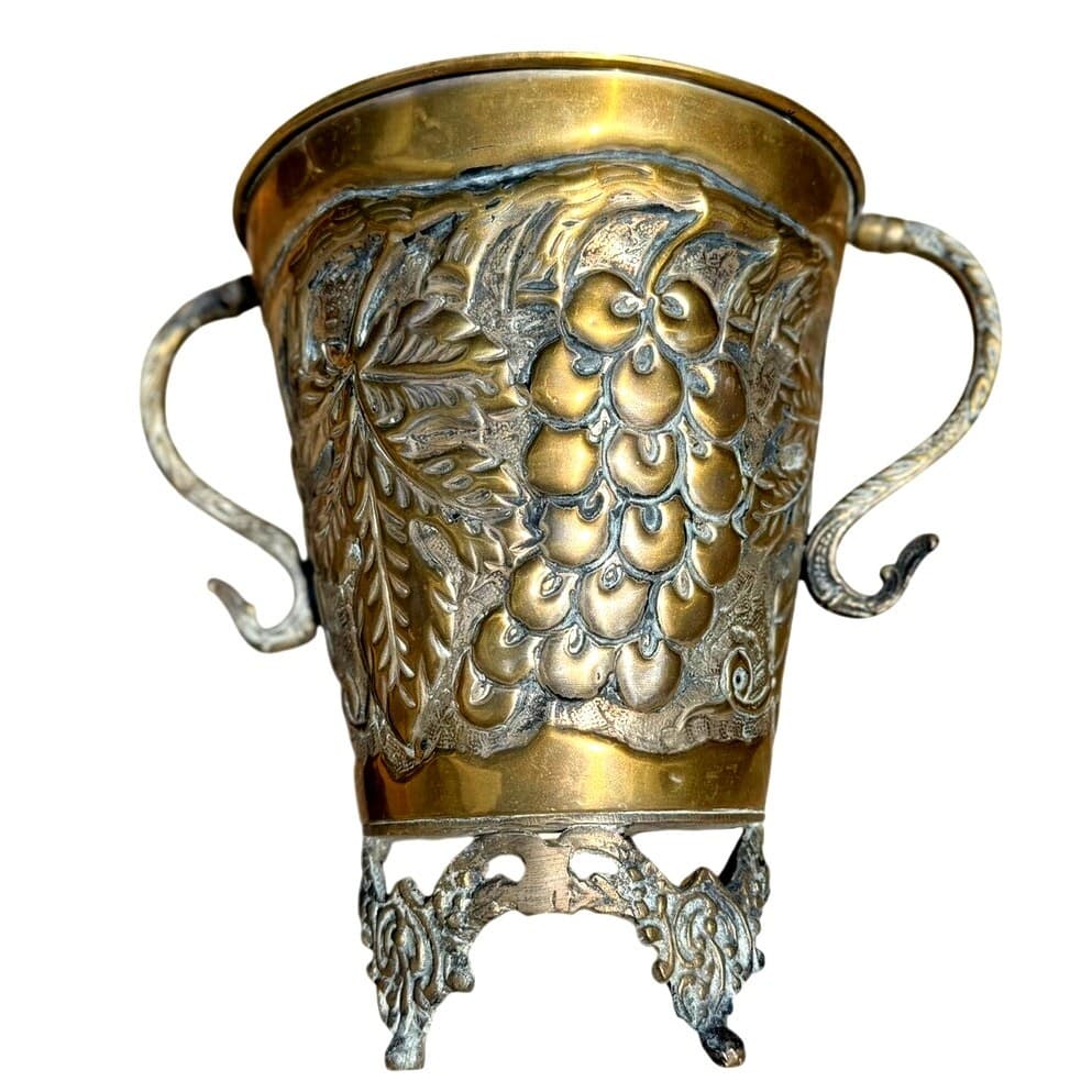 Vintage Brass Grape Vine Jardiniere Cachepot Footed Planter Urn 10.5" Handles - Thumbnail 4