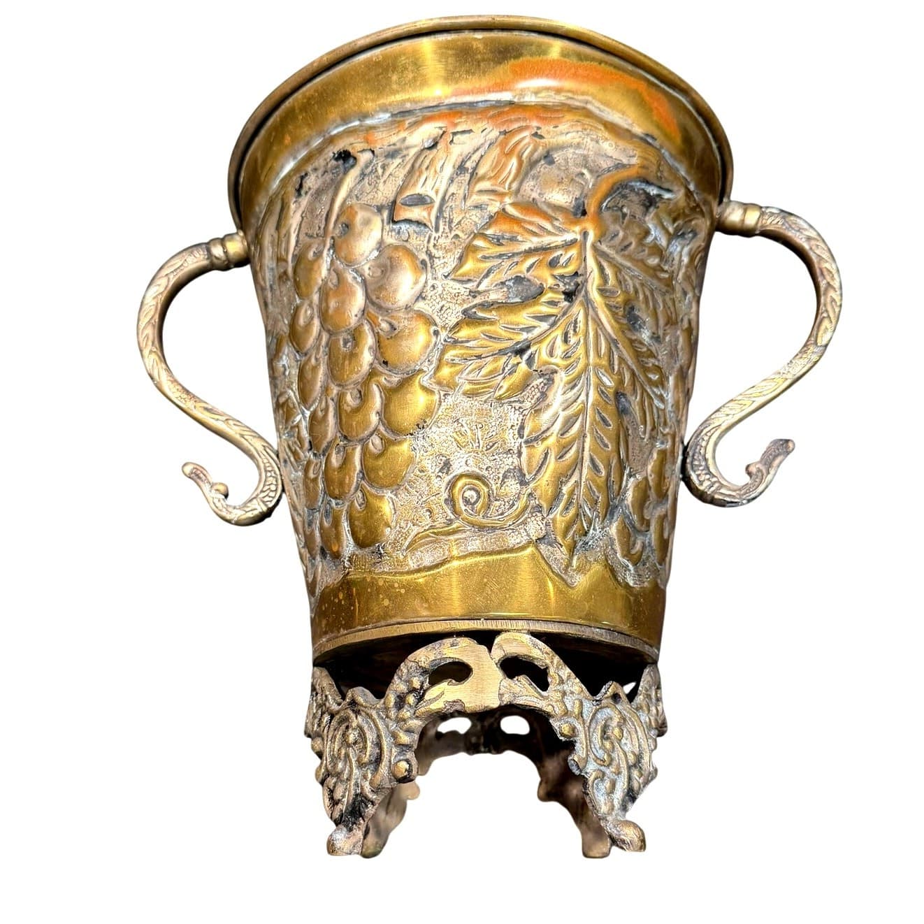 Vintage Brass Grape Vine Jardiniere Cachepot Footed Planter Urn 10.5" Handles - Thumbnail 6