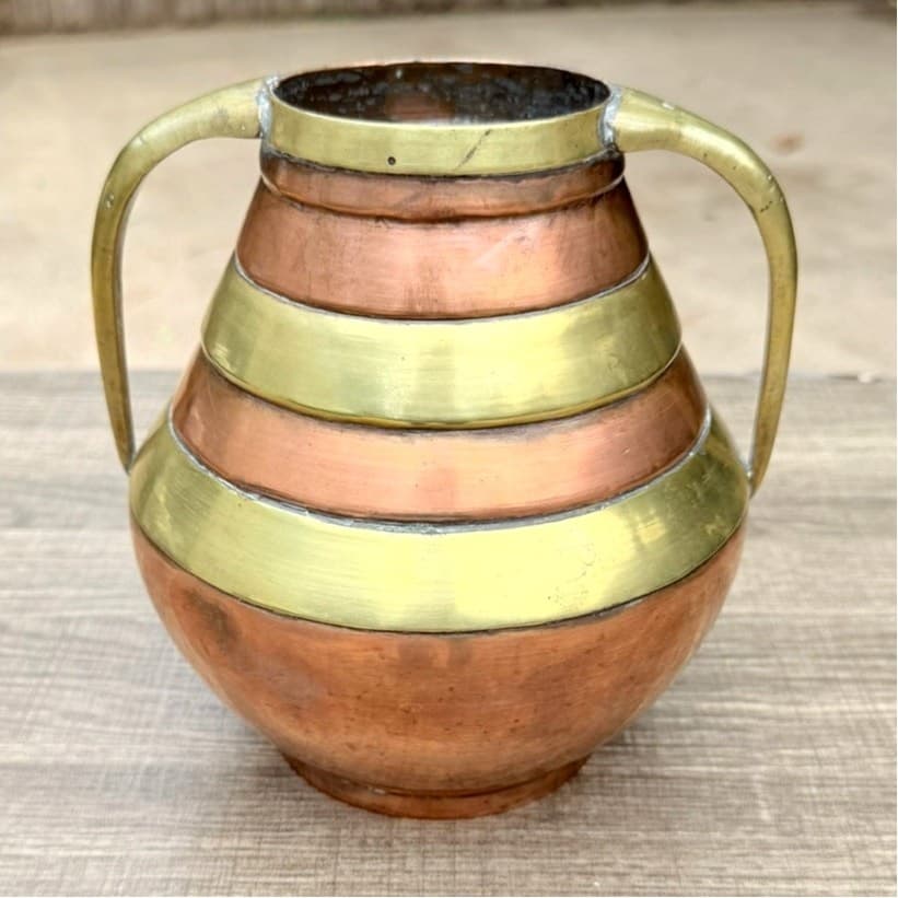 Vintage Hand Hammered Copper Brass Two Handle Vase Jardiniere 7" Made in China