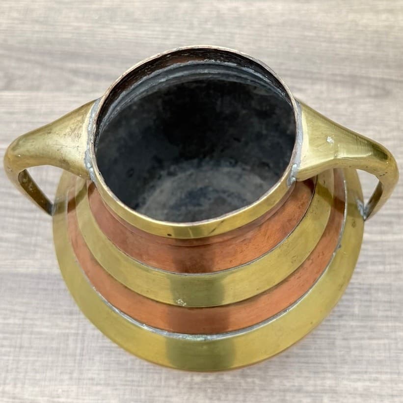 Vintage Hand Hammered Copper Brass Two Handle Vase Jardiniere 7" Made in China - Thumbnail 3
