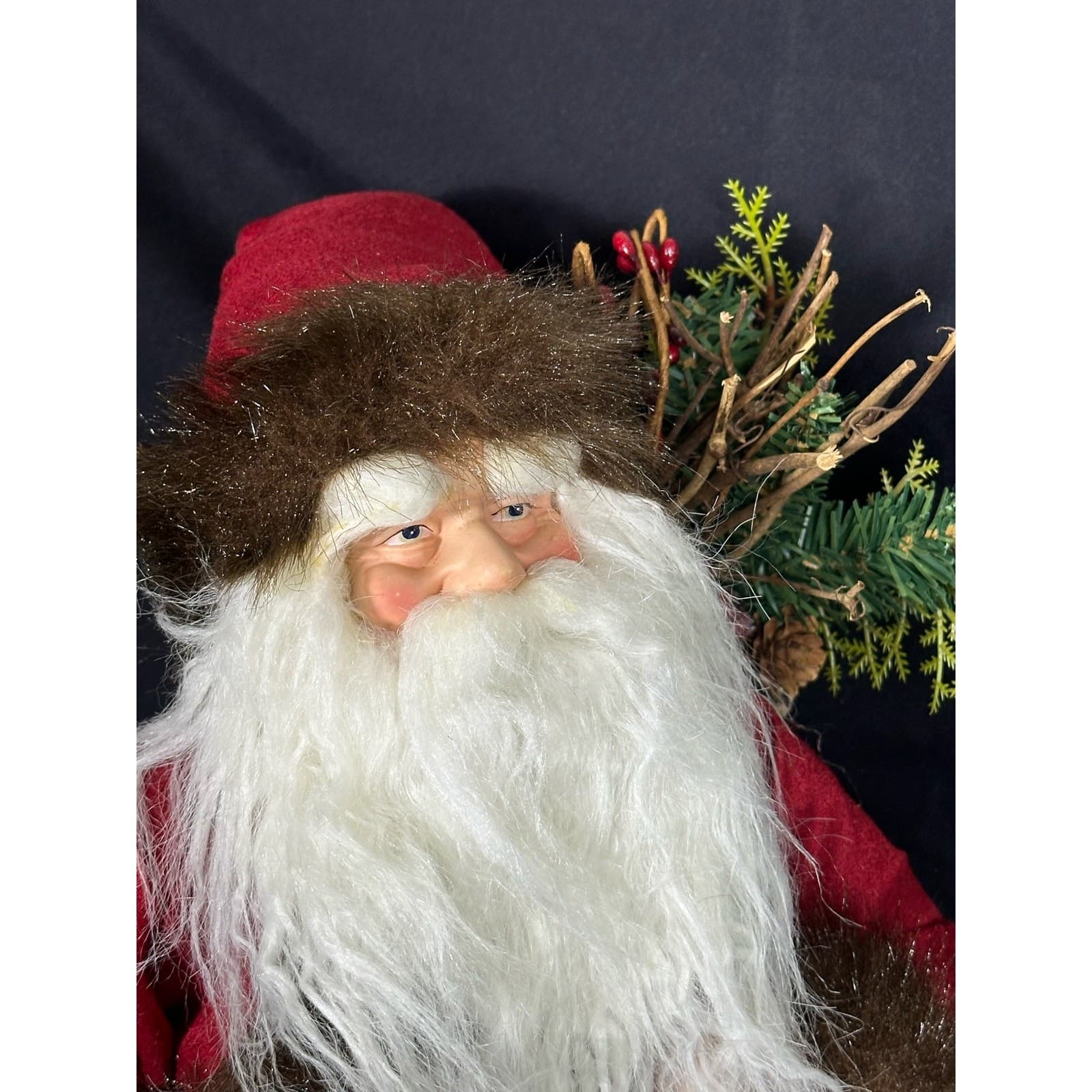 Santa Figure with Faux Fur Trimmed Coat & Sack Evergreen Pinecones 18" - Thumbnail 2