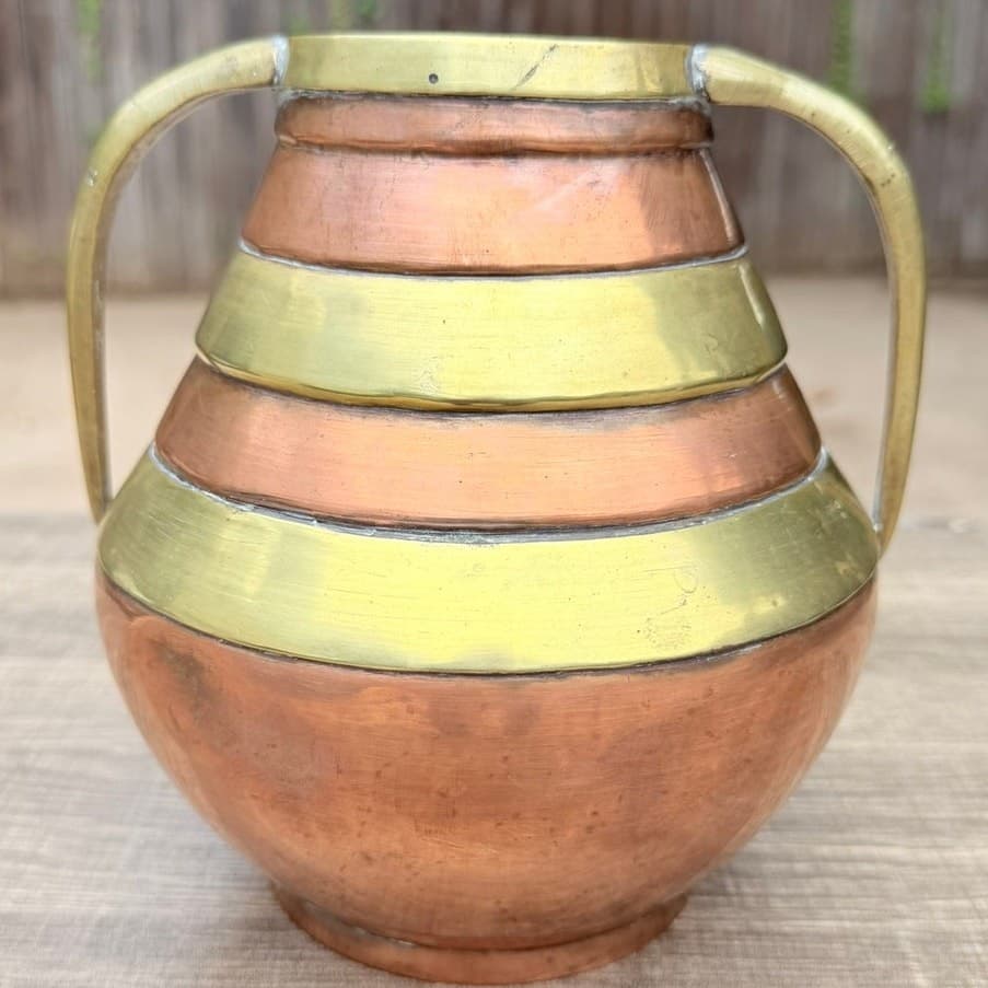 Vintage Hand Hammered Copper Brass Two Handle Vase Jardiniere 7" Made in China - Thumbnail 4