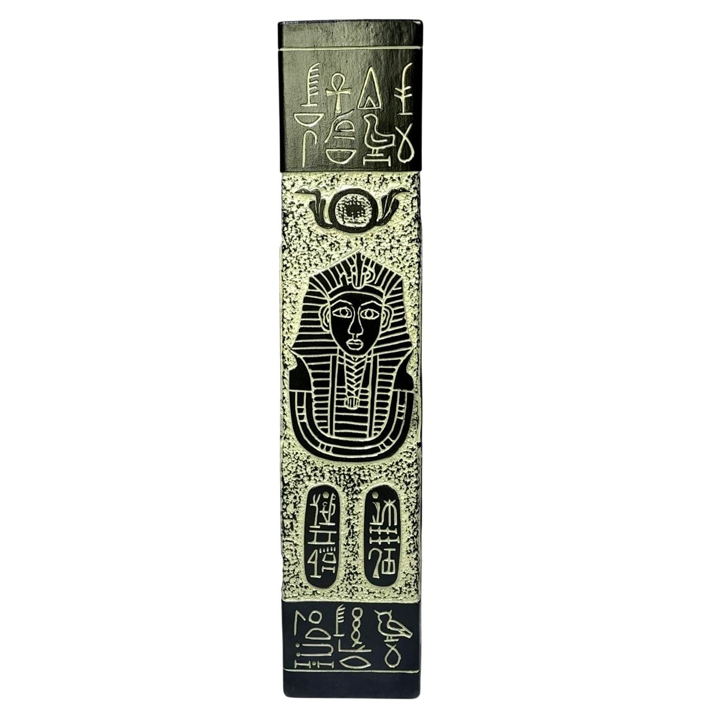 Vintage 1977 Egyptian Revival Vase Black Silver Hieroglyphic Pharaoh Decor 14.5” - Thumbnail 2