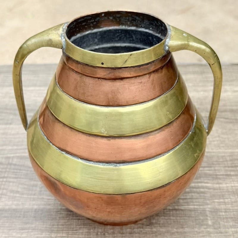 Vintage Hand Hammered Copper Brass Two Handle Vase Jardiniere 7" Made in China - Thumbnail 2